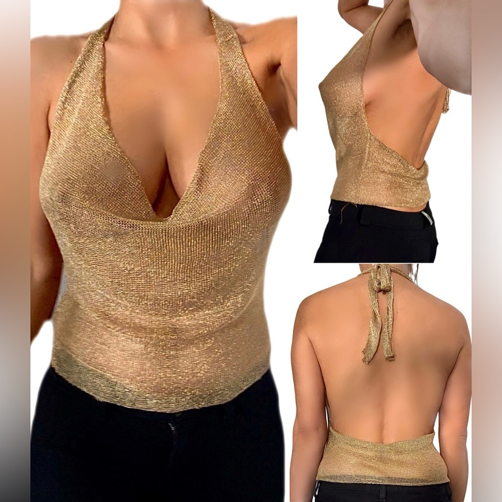 Gold Metallic Halter Drop Neck Chain Link Knit Top By Revolution Girl ⭐️